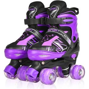 LOKJIJI Pattini a rotelle per bambini ragazze ragazzi principianti, 4 misure regolabili per bambina e bambino con ruote luminose, pattini a rotelle viola e bianco per lo sport