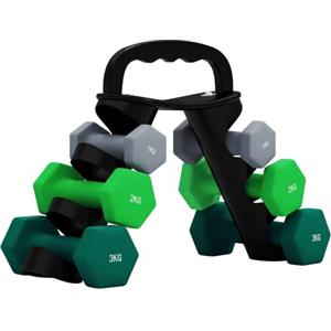 SPORTNOW Set di Manubri da Palestra Totale 12/18/24kg Multicolore | Supporto Pieghevole, Manubri per Palestra Esagonali in Metallo con Impugnatura, Allenamento Fitness Casa