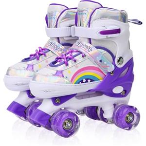 LOKJIJI Pattini a rotelle per bambini ragazze ragazzi principianti, 4 misure regolabili per bambina e bambino con ruote luminose, pattini a rotelle Viola Arcobaleno per lo sport