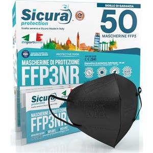 SICURA MASCHERINE CHIRURGICHE 50 Mascherine FFP3 Certificate CE Nere Made in Italy e logo SICURA impresso PFE ≥99% | BFE ≥99% Mascherina ffp3 italiana SANIFICATA e sigillata singolarmente