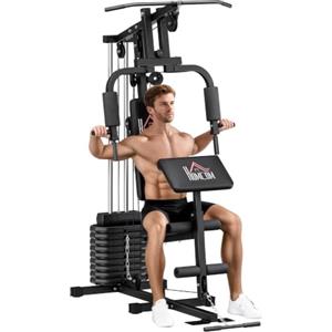 HOMCOM Stazione Fitness Multifunzione Power Tower con Pesi fino 45kg | Panca Imbottita, Allenamento a Casa e Professionale, per Chest Press, Lat Pull Down, Palestra Multifunzione