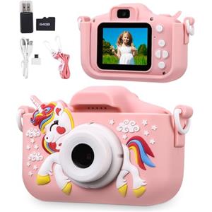 Azyvum Macchina Fotografica Bambini,2.0 Pollici Schermo Mini Ricaricabile Fotocamera Digitale,1080P HD Videocamera Regalo Giocattolo di Natale & Compleanno per Ragazze Ragazzi 3-10 Anni,con Scheda 64GB