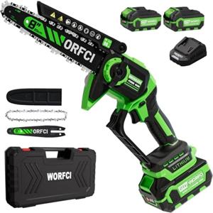 WORFCI 8 Pollici Mini Motosega con 2 Batterie e Caricatore, Sega a Batteria per Potatura Senza Fili, Brushless Motosega con Lubrificazione Automatica, Motosega Elettrica Potatura di Legno/Alberi