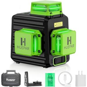 Huepar B03CG 3x 360° Livella Laser 12 Linee Verde 45m con Modalità Impulso, con Batteria al Litio Ricaricabile USB, 3D Linea a Croce Orizzontale/Verticale, Base magnetico