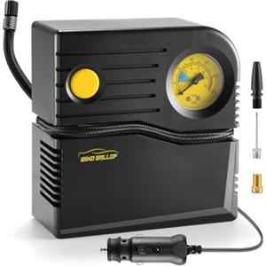 WindGallop Mini Compressore Aria Portatile Auto Compressore 12V Professionale Gonfiatore Analogico per Pneumatici per Auto Pompa Aria Auto con Manometro Pneumatici e Adattatori per Valvole (Giallo)