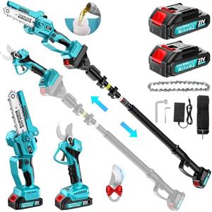 sukaudiz Kit Potatore Telescopico a Batteria 6 Pollici Motosega a Batteria Telescopica 33mm Forbici Potatura 2*2000mAh Batteria 4-in-1 Kit Motosega e Forbici con 2,2M Telescopica Ideale per Giardini Frutteti