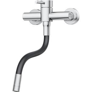 HURRAN Rubinetto Cucina a Muro, Nichel Spazzolato | Spruzzatore a doppia funzione, Girevole a 360°, Tubo Flessibile in Silicone, Acciaio Inox
