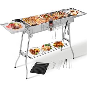 TLGREEN Barbecue a Carbonella Portatile,in Acciaio Inossidabile,Pieghevole | Griglia a Carbone, Barbecue a Cabone con Padella Antiaderente,4PCS Gamba di Supporto per Giardino Terrazza Campeggio Picnic