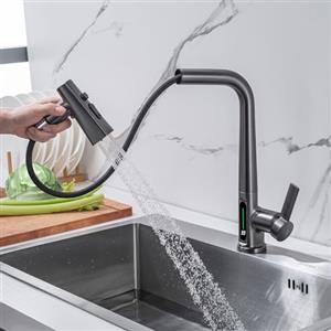 LakeBayMZC Rubinetto Lavello Cucina Grigio Doccetta Estraibile Della Temperatura LED | Rubinetto de Cucina LakeBayMZC con a 3 Modalità, Miscelatore Cucina Estraibile, Rubinetti Monocomando Cucina, Girevole a 360°