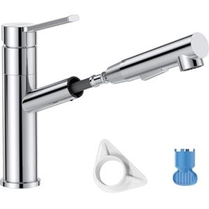DAYONE Rubinetto da cucina cromato in acciaio inox SUS304, con doccetta estraibile, rubinetto da cucina ad alta pressione con 2 tipi di getto, miscelatore girevole a 120°, rubinetto da cucina