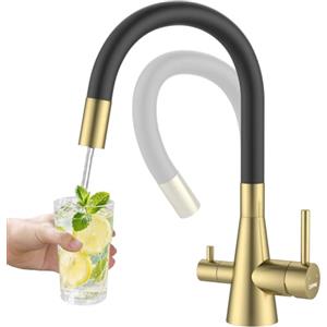 DAYONE Rubinetto Cucina 3 Vie, Rubinetto Cucina 3 in 1 Doppia Manopola, Tubo Flessibile Pieghevole Non Estraibile, Ugello Rimovibile, Acciaio SUS304, Oro Spazzolato
