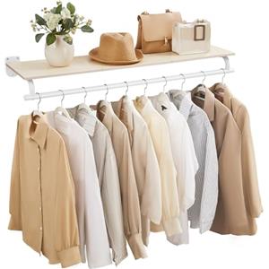 SONGMICS Appendiabiti da Parete, Barra Appendiabiti con Mensola da Muro, Portata Totale 35 kg, 28 x 109 x 13,2 cm, Camera da Letto Cabina Armadio, Beige Naturale e Bianco Nuvola HSR135W01