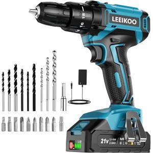 LEEIKOO Trapano Avvitatore Batteria 21V, LEEIKOO Avvitatore Elettrico con Batteria da 2.0Ah, 42N.m di Coppia, 2 Velocità, 18+1 Coppia, 20 Accessori, Luce a LED, Per il fai da te, in Casa e Giardino