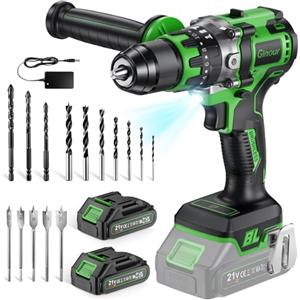 Ginour Avvitatore a Batteria 21V, 90Nm Brushless Trapano a Percussione | 2x2.0Ah 10C Li compatibile con Makita 18V, 22 Accessori, 20+3 Coppie, 2 Velocità, Trapani Avvitatori 13mm metallo Mandrino