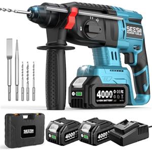 SEESII 600W Tassellatore a Batteria, 4-in-1 Martello Perforatore | 2.5J, 2x 4,0Ah Batterie e Caricatore, Foratura, foratura a percussione, scalpellatura, Ideale per Fai-da-te e Lavori Edili