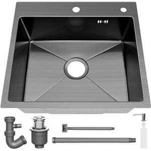 STANEW Lavello da cucina con 1 vassoio 50 x 45 cm, lavello da incasso, fori per rubinetti e dispenser di sapone, grigio pistola