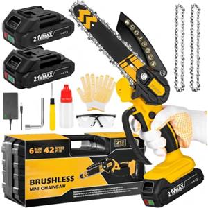enlik Brushless Mini Motosega a Batteria, Motosega Elettrica a Batteria,6 Pollici Motosega Elettrica, sega elettrica per potatura,2 Batteria Ricaricabile, con Blocco di Sicurezza, per il Taglio del Legno