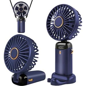 Jsdoin - Mini ventilatore portatile, ricaricabile tramite USB, 5 velocità, a batteria, pieghevole, da scrivania, con display LED, per casa, ufficio, camera da letto, viaggi e all'aperto（Blu scuro）