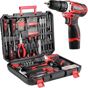 TLGREEN Cassetta Attrezzi con Trapano Avvitatore Batteria 12V, Valigia Utensili | Completa 138 pezzi Set di attrezzi, Set Completo di Punte Trapano a Percussione Per Casa Progetto, Fai da te (rosso)