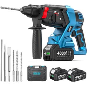 Seesii 4-In-1 Martello Perforatore a Batteria, 2,5J SDS Plus, 2 Batterie | 2x 4,0Ah, 4800BPM, Motore Brushless, Foratura, Foratura a Percussione e Scalpellatura, 3 Punte da Trapano e 2 Scalpelli
