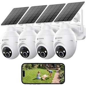 YESKANO Telecamera Wi-Fi Esterno 2K Senza Fili Con Pannello Solare, 4PZ | 360° PTZ, Videocamera Sorveglianza A Batteria, Visione Notturna A Colori, Rilevamento Umano/PIR con Allarme, 2.4GHz, Bianco