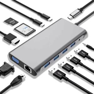SZPACMATE Hub USB C 12 in 1 Compatible con MacBook Pro/Air | Adapter con 4K HDMI/VGA/3*USB 2.0/USB3.0/USB C Data/PD3.0/Ethernet RJ45, SD/TF, AUX3,5 mm, Compatibile con Dispositivi Tipo C