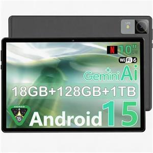 UBDXBD Tablet da 10 pollici, tablet Android 15, 18 GB di RAM (6+12) 128 GB ROM, T30 Octa-Core, 1 TB espandibile, WiFi 6, batteria 6000 mAh, display HD IPS 1280 × 800, GPS, Widevine L1, Gemini AI