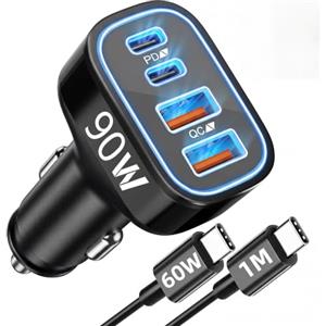 TIBEITA 90W 4-Porte Caricatore Auto USB C/A Caricabatterie Accendisigari + 1M Cavo | 12V Adattatore Accessori Ricarica Rapida Auto Cellulare per Galaxy S26/S25/S24 Ultra, iPhone 18/17/16/15 Pro Max Duo 17e Air