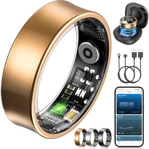 NAIXUES Smart Ring Uomo Donna, Anello Smart Fitness con Controllo Gestuale/Frequenza Cardiaca(HRV)/SpO2/Sonno/170+ Modalità Sport Impermeabil 5ATM, Smartwatch per Android e iOS, Misura 12, Oro