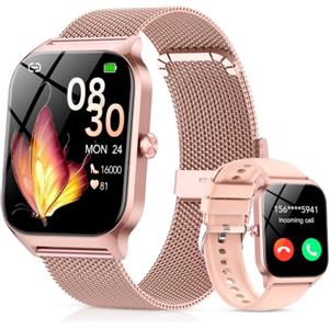 CASCHO Smartwatch Donna,1.85"Orologio Smartwatch Chiamate Bluetoot 2 Cinturini | 120+ Sportive con Contapassi/Sonno/Spo2/Stress/Cardiofrequenzimetro, Notifiche Whatsapp, IP68 Smart Watch per iOS Android