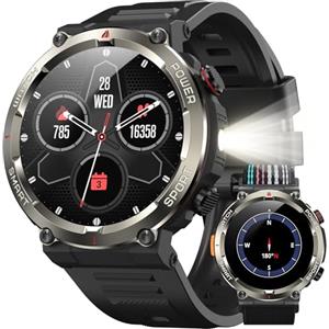 IOWODO Smartwatch Uomo Militare 960mAh con Torcia LED e Bussola | Orologio Smart con Display HD 1.45", Batteria 100 Giorni, Chiamate Bluetooth, 100+ Sport, Monitoraggio Salute, Android iOS