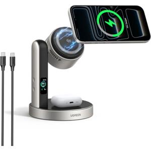 UGREEN MagFlow Pro 2 in 1 Caricatore Wireless Qi2 25W, Ventilatore TEC | Compatibile con iPhone 18-12 Air/Plus/Pro/Max, AirPods 5/4/3/Pro/2/3, Caricatore MagSafe con Display Intelligente