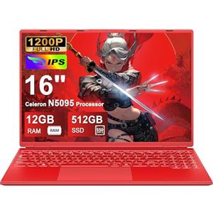 NOTODD PC Portatile Laptop 16 Pollici Portatile 12+512GB 1TB SSD Espansione | Win 11 Notebook Celeron N5095 (fino a 2.9Ghz) 丨Ventola Raffreddamento丨Supporto 5G WIFI丨1920 * 1200 2K Schermo Doppio-Red