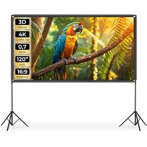 tectake® Schermo per Proiettore, 265 x 150 cm, Formato 16:9, 4K HD | Treppiede Pieghevole, Tessuto Elastico senza Pieghe, Borsa da Trasporto, Fattore Guadagno 0, 7, Bordi Neri, Bianco