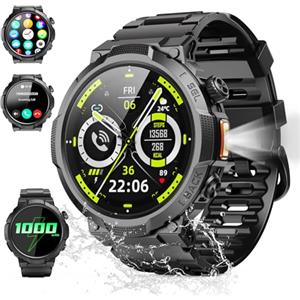 Soudorv Smartwatch Uomo Militare, Orologio Smartwatch 1.43" con Chiamate Bluetooth, 100+ Modalità Sportive, Batteria 1000 mAh, Monitoraggio Sonno e Cardiofrequenzimetro, Torcia e Bussola per IOS/Android