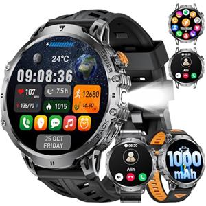 LIGE SMART Smartwatch Uomo con 1000 mAh Batteria, 1.85" Militari Orologio Smart Watch Torcia LED, Chiamate Bluetooth/110+ Modalità Sportive, 24H Frequenza Cardiaca/Sonno, IP68 Android iOS Silicone