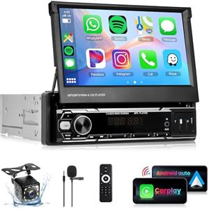 Rimoody Autoradio 1 Din Wireless Carplay Android Auto con 7 Pollici HD Schermo Touchscreen Ribaltabile Autoradio con Bluetooth GPS Navi Mirror Link FM/AM/RDS Radio TF/USB/AUX Telecamera Posteriore
