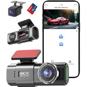 WeBeqer Telecamera WiFi per auto anteriore posteriore, 4K + 1080P per auto, controllo app con scheda SD da 64 G, visione notturna, sensore G, registrazione loop, WDR (Pollici, 1.47)