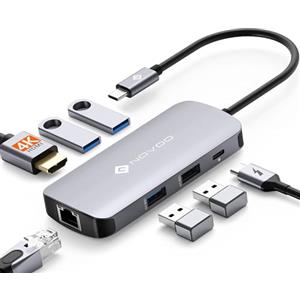 NOVOO Mulitport - Adattatore USB C a Ethernet, 7 in 1, Hub USB C a HDMI 4K, 100 W PD, porta di ricarica, USB x 4, USB C Hub per MacBook Pro MacBook Air Chromebook
