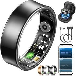 NAIXUES Smart Ring Uomo Donna, Anello Smart Fitness con Controllo Gestuale/Frequenza Cardiaca(HRV)/SpO2/Sonno/170+ Modalità Sport Impermeabil 5ATM, Smartwatch per Android e iOS, Misura 9, Nero