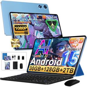 UJJ 2026 Tablet da 10 pollici Android 15 con 30 GB RAM+128 GB ROM(TF/2 TB) Octa-Core 2.0GHz, 5 G+2.4G WiFi 6,Bluetooth 5.0,Fotocamera 5 MP+8 MP,8000 mAh,1280 IPS FHD Schermo,Tablet con Tastiera+Mouse Blu