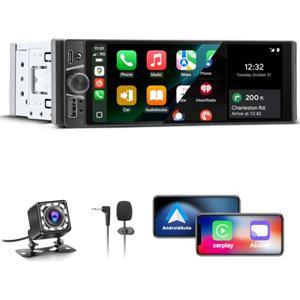 KMUTZY Autoradio 1 DIN con Schermo Touchscreen 6,28", Apple CarPlay e Android Auto Senza Fili, Stereo Auto Bluetooth con Vivavoce, Mirror Link, Telecamera Posteriore, Radio FM, USB, Type-C