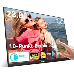 Prechen 23,8 Pollici Monitor Touchscreen, 100% sRGB, VA FHD 1080P, VESA | Contrasto 4000:1, Altoparlanti, Supporto Regolabile a 90°, USB-C HDMI, Portatile Schermo Touch da 75Hz per Laptop/PC/Smart