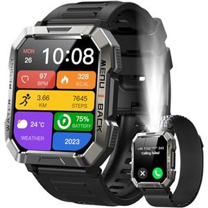 IOWODO Smartwatch Uomo con Torcia LED e Bussola, Batteria 900mAh 30 Giorni | 2.01" Orologio Smartwatch con Chiamate Bluetooth, Monitoraggio Salute, 100+ Sport, Pedometro, Android e iOS