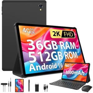 SOLVYXEN 2K Android 16 Tablet 11 Pollici, 36GB RAM, 512GB ROM (1TB Espandibile), 4G lte e 5G WiFi, Octa-Core 2.0GHz, 2000 * 1200FHD, 13MP+8MP, Tablet in offerta con Tastiera etc(Nero)