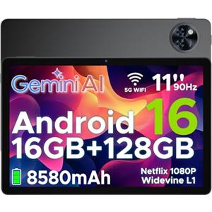 DOOGEETab U11 Android 16 Tablet 11 Pollici Gemini AI 16GB RAM +128GB ROM (2TB TF) 8580mAh,Unisoc T7200 Octa-Core 13MP+5MP Gaming Tablet PC WIFI 5/ GMS/ WidevineL1/GPS/Face ID/OTG/ 3.5mm Audio,Nero