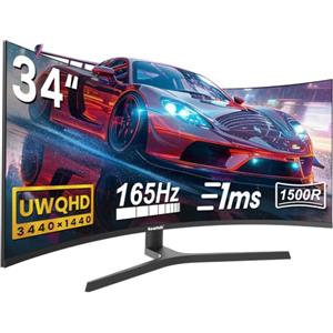 Gawfolk 34 Pollici Ultrawide Curved Gaming Monitor, 1500R Pc Screen 165hz UWQHD 3440x1440, Altezza regolabile, Schermo Computer Curvo Con Freesync E Eye Care Technologie, Supporta Vesa 75 X 75 mm