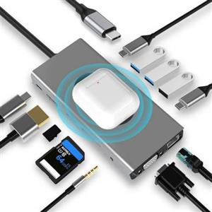 SZPACMATE Hub USB C 13 in 1 Ricarica Wireless, Compatible con MacBook Pro | Adapter con HDMI 4K, VGA, 2*USB 3.0, USB C 3.0 e 2.0, RJ45 Ethernet, PD 100 W, SD/TF, AUX3,5 mm, Compatibile con Altri Laptop