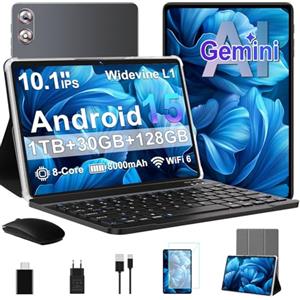 fezawio Tablet 10 pollici Android 15,Gemini AI, 30GB RAM+128GB ROM,8000 mAh, grigio | Tablet con mouse, tastiera e custodia protettiva, octa-core, Wi-Fi 6, Widevine L1, GMS, jack audio da 3,5 mm, GPS, Face ID