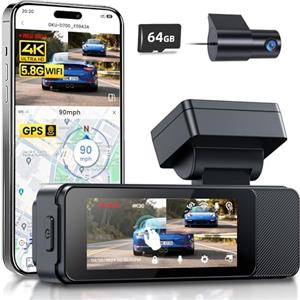 GKU Dash Cam Auto 4K+1080P Fronte e Retro, Scheda SD 64GB Inclusa | 5.8GHz WiFi GPS, Touchscreen 3.18", Visione Notturna WDR, Monitor Parcheggio 24H, G-Sensor, Loop Recording, Controllo App